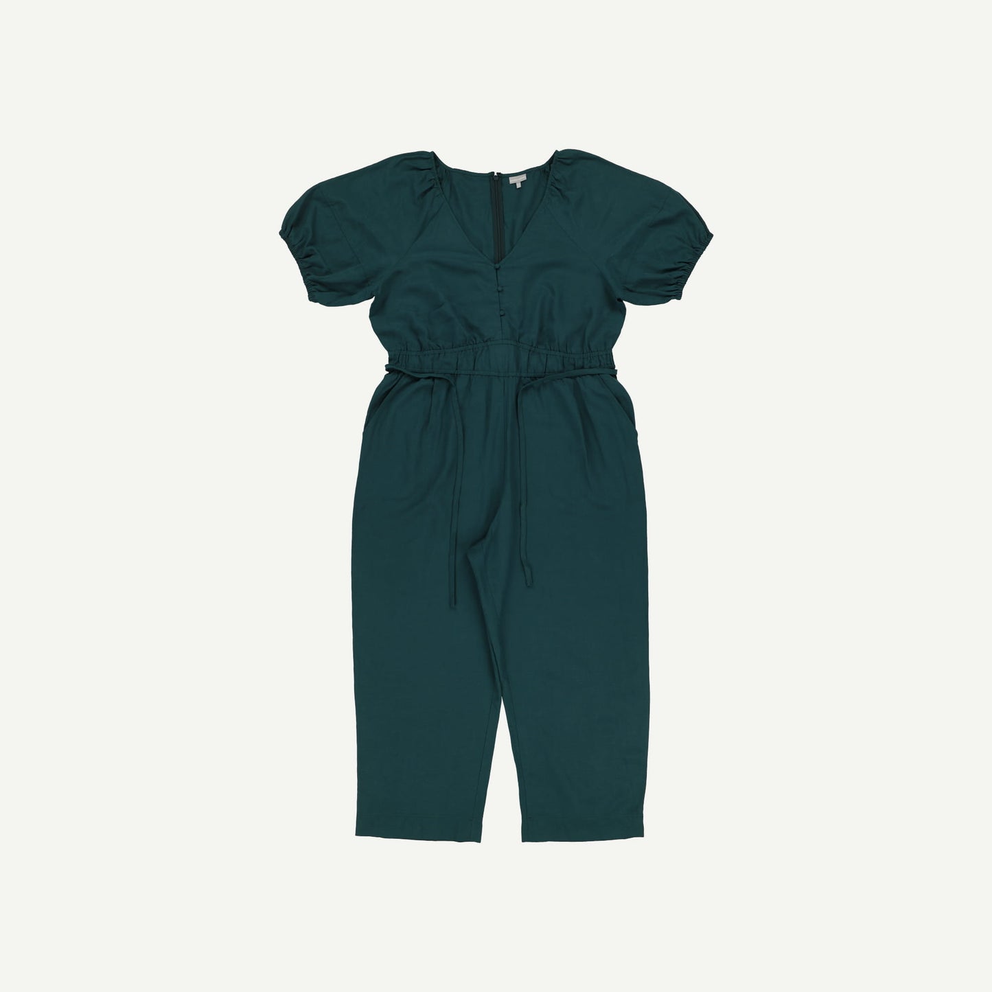 Short Sleeve Gathered Waist Green Jumpsuit