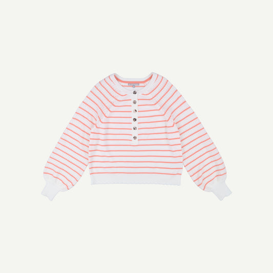 Breton Button Coral Stripe Knitted Jumper