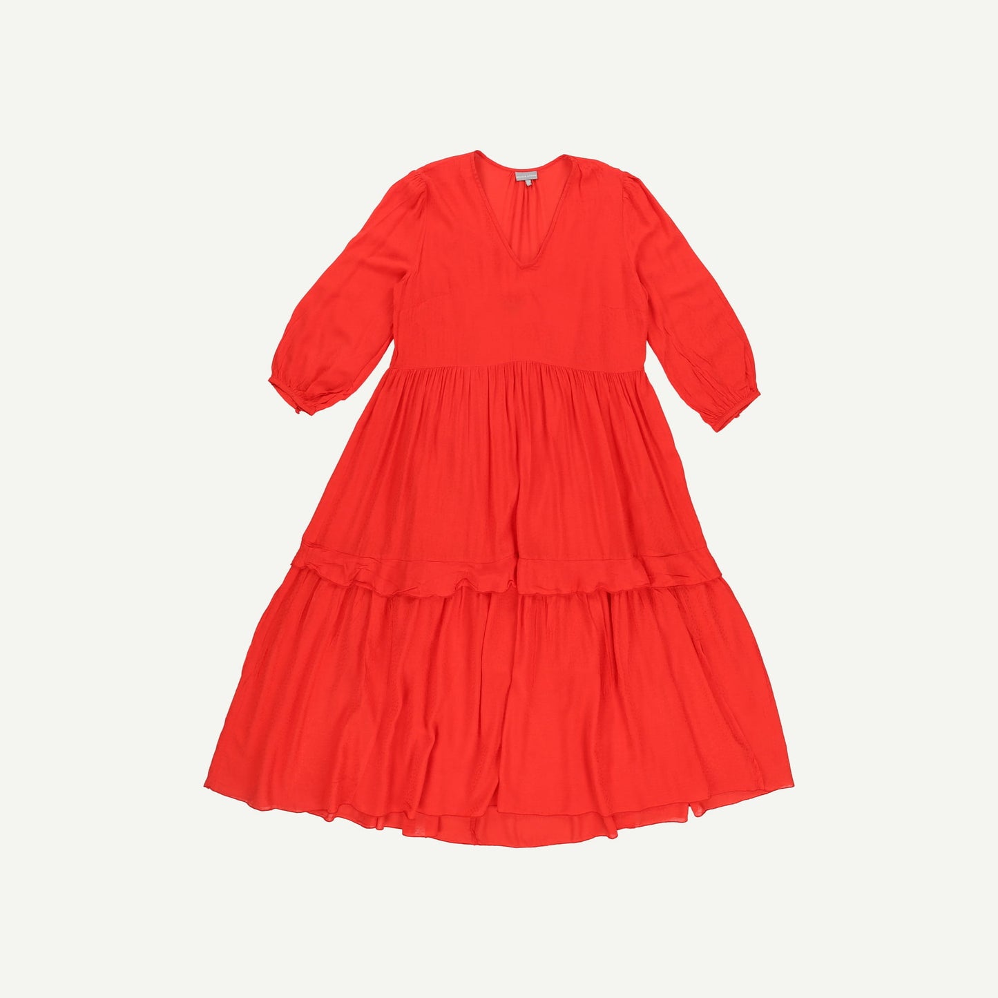 Jacquard Spot & Pleat Detail Red Tiered Midi Dress
