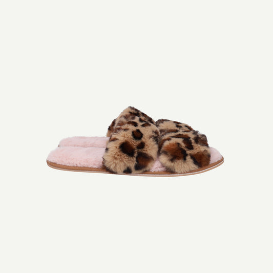 Animal Print Faux Fur Brown Double Strap Slippers