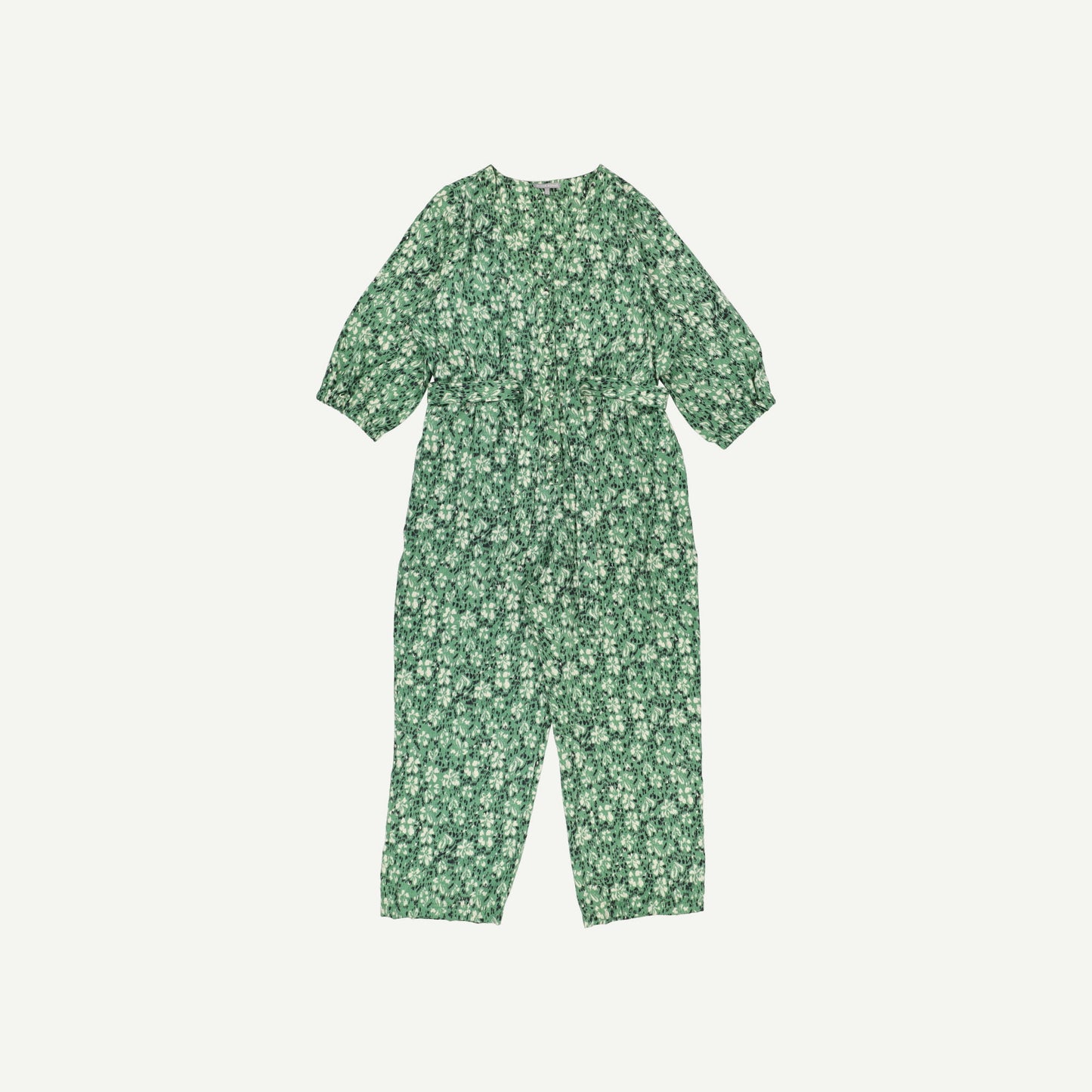 Floral Print Textured Green Jumpsuit