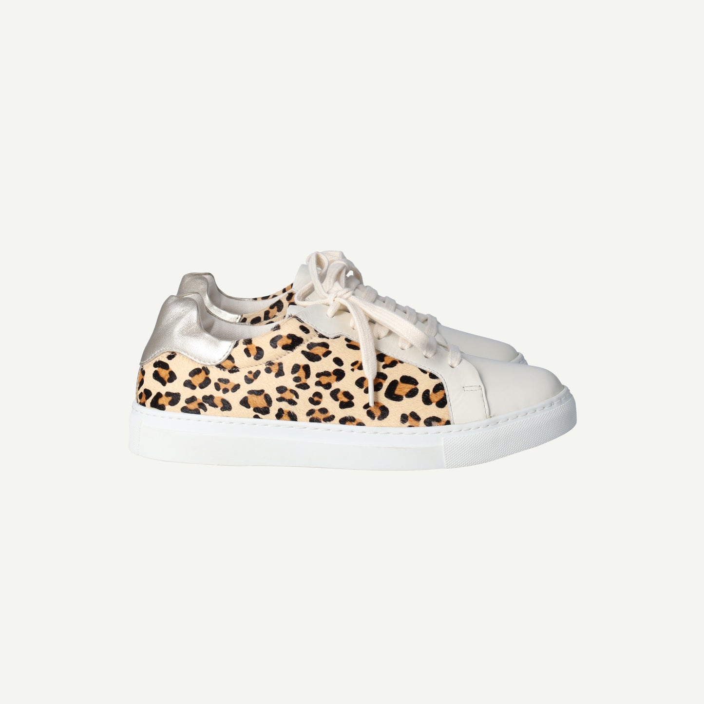 Animal Print & Gold Panel White Leather Trainers