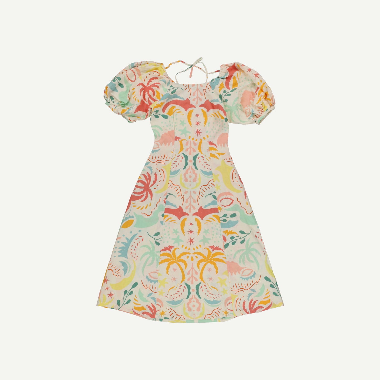 Abstract Palm Print White Linen Midi Dress