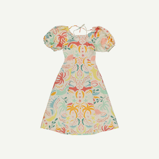 Abstract Palm Print White Linen Midi Dress