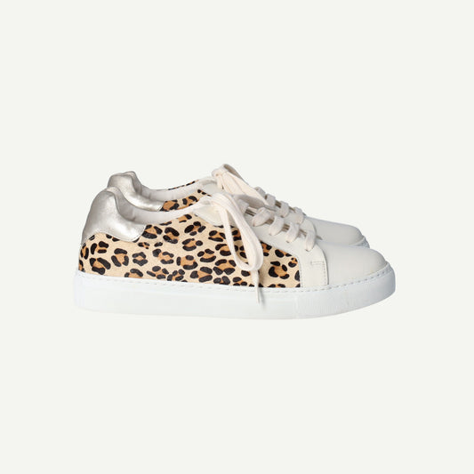 Animal Print & Gold Panel White Leather Trainers