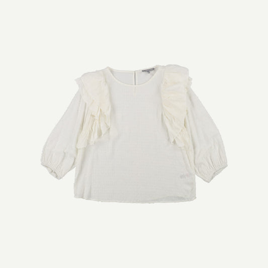 Dobby Spot Ruffled White Blouse