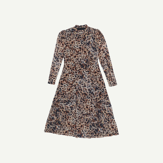 Natural Leopard Print Brown Mesh Midi Dress